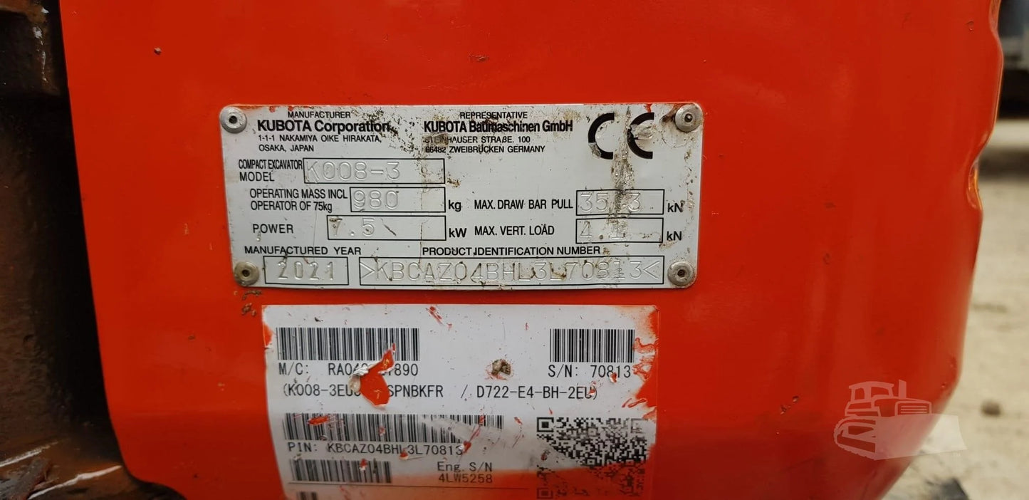 Mini-Pelle Kubota K008-3 – 2021 – 0,98 t – 700 h